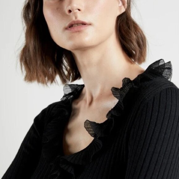 Ted Baker Anyibel Black Ruffle V-Neck Ribbed knit fitted sweater size 1 (small) - Picture 10 of 16